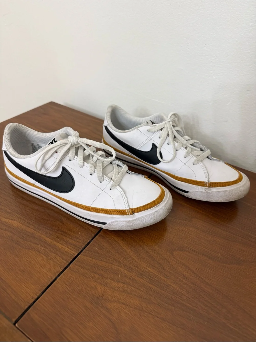 {5Y} Nike Court Legacy White Black & Gold Low-Top Sneakers